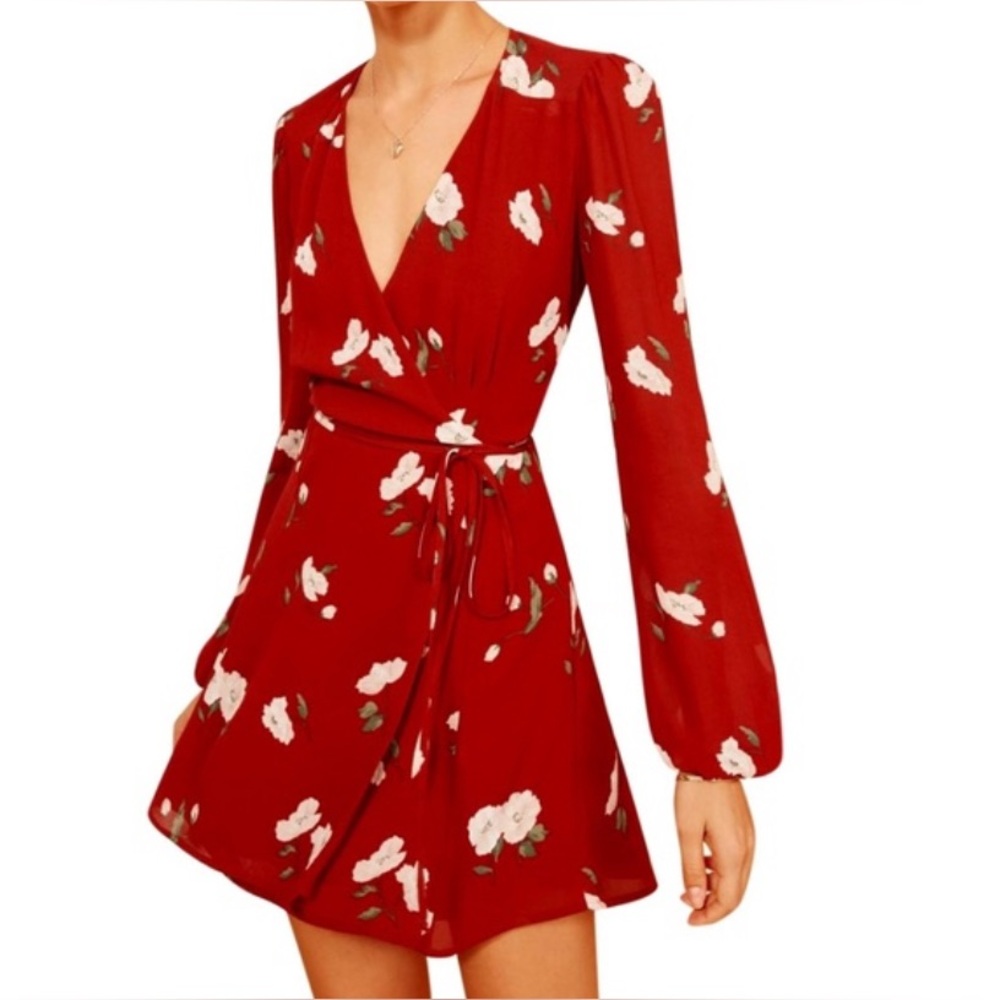 Reformation Collins red floral print long-sleeve mini wrap dress size small